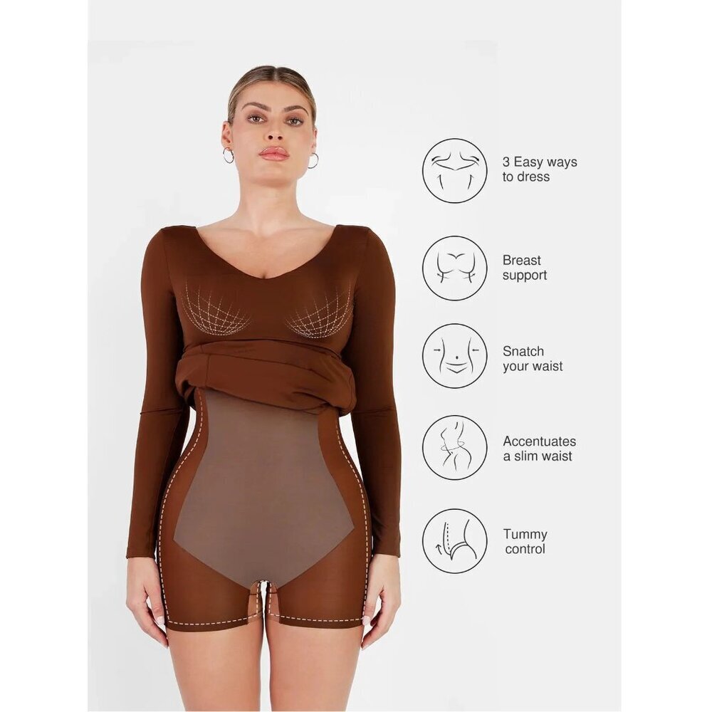 NWT New Popilush Shapewear Long Sleeve V-Neck Low Back Maxi Brown Dress Size M - Picture 3 of 11